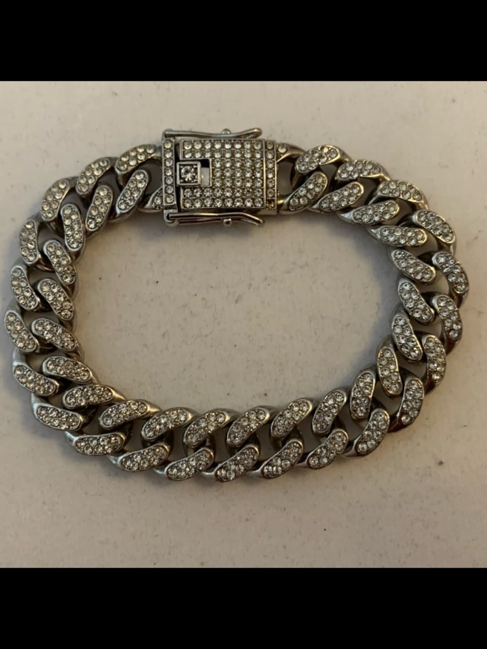 Silver-Toned, Iced-Out Miami Cuban Link Bracelet.